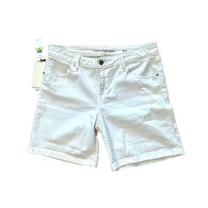 Calvin Klein Distressed Mid Rise White Denim Shorts Sz 30 Mom Jeans Camp NWT
